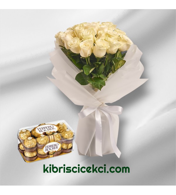 17 Beyaz Gül Buketi 16'lı Ferrero Çikolata